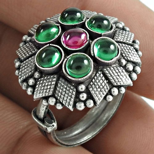 Good Looking 925 Sterling Silver Ruby Green Onyx Gemstone Ring Antique Jewelry
