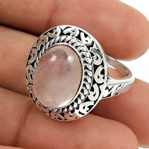 Rose Quartz Gemstone Ring 925 Sterling Silver Vintage Look Jewelry PL35
