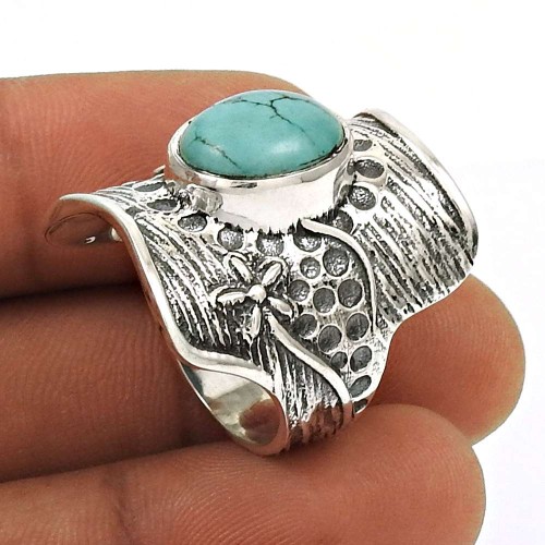 Natural TURQUOISE Ring Size 8 925 Sterling Silver HANDMADE Jewelry LL12