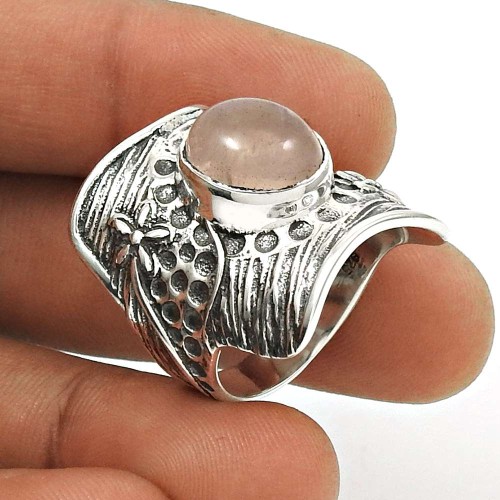 Natural ROSE QUARTZ HANDMADE Jewelry 925 Sterling Silver Tribal Ring Size 8 MM12