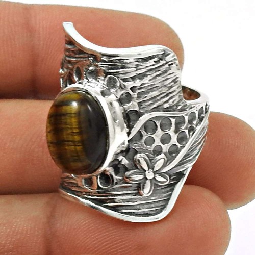 HANDMADE 925 Sterling Silver Jewelry Natural Tiger Eye Gemstone Ring Size 8 EE13