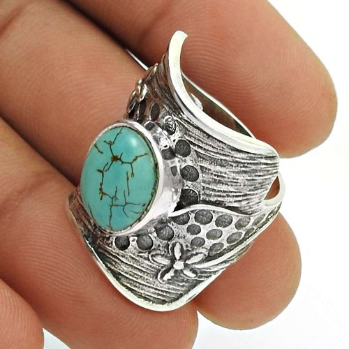 Natural TURQUOISE HANDMADE Jewelry 925 Sterling Silver Stylish Ring Size 7 F12