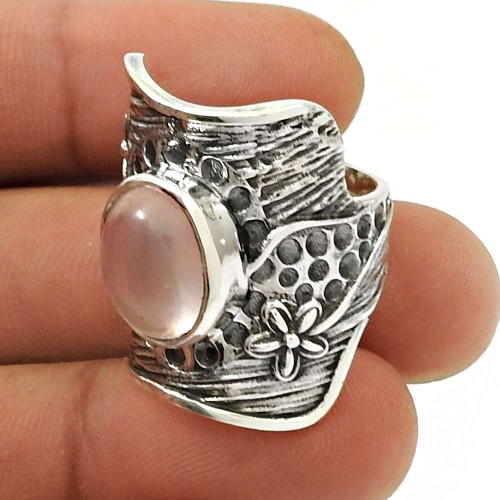 Natural ROSE QUARTZ Gemstone HANDMADE Jewelry 925 Silver Ethnic Ring Size 7 J12