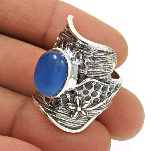 Natural CHALCEDONY Gemstone HANDMADE Jewelry 925 Silver Vintage Ring Size 7 L12