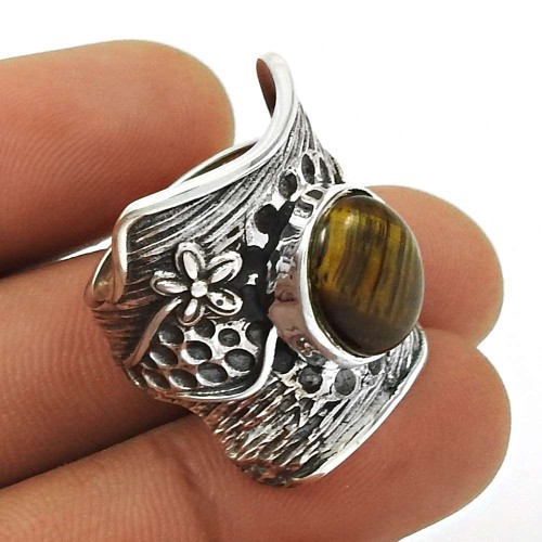 Natural Tiger Eye Gemstone HANDMADE Jewelry 925 Sterling Silver Ring Size 7 B73