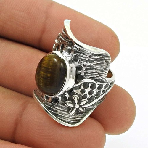 Natural Tiger Eye Bohemian Ring Size 7 925 Silver HANDMADE Fine Jewelry O12