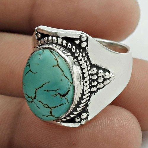 Pleasing 925 Sterling Silver Turquoise Gemstone Ring Size 7 Antique Jewelry E29