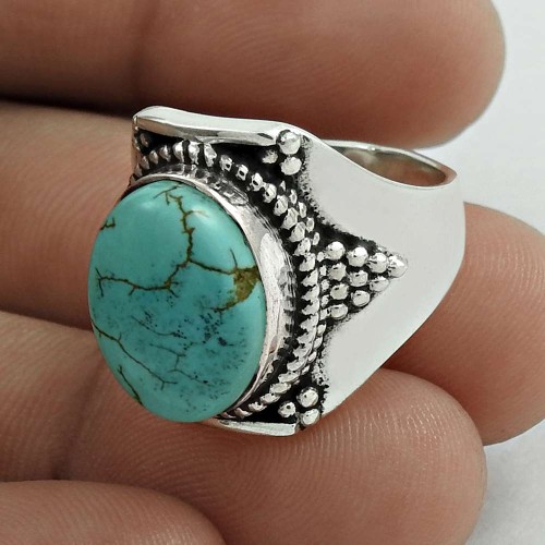 Beautiful 925 Sterling Silver Turquoise Gemstone Ring Size 6 Traditional Jewelry E30
