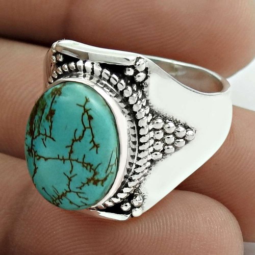 Pretty 925 Sterling Silver Turquoise Gemstone Ring Size 9 Handmade Jewelry E32