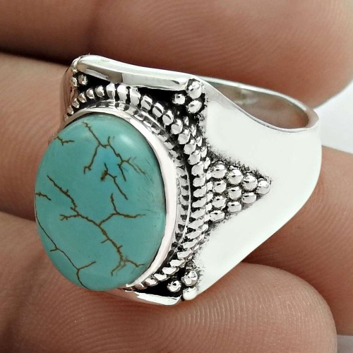 Scenic 925 Sterling Silver Turquoise Gemstone Ring Size 9 Handmade Jewelry E34