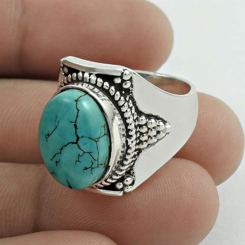 Graceful 925 Sterling Silver Turquoise Gemstone Ring Size 7 Handmade Jewelry E35