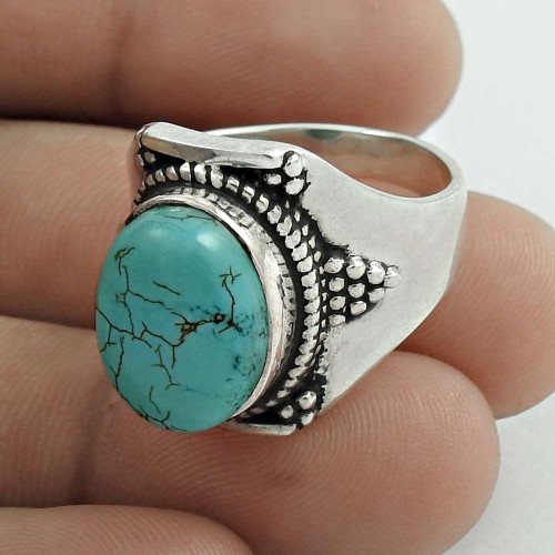 Pleasing 925 Sterling Silver Turquoise Gemstone Ring Size 9 Handmade Jewelry E37