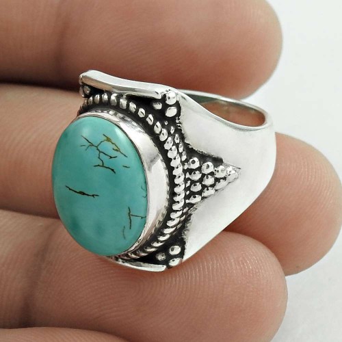 Lustrous 925 Sterling Silver Turquoise Gemstone Ring Size 6 Ethnic Jewelry E39