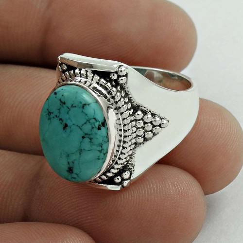 Dainty 925 Sterling Silver Turquoise Gemstone Ring Size 8 Vintage Jewelry E41