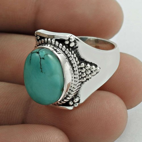 Good-Looking 925 Sterling Silver Turquoise Gemstone Ring Size 8 Antique Jewelry E42