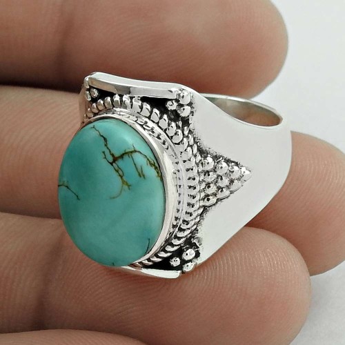 Possessing Good Fortune 925 Sterling Silver Turquoise Gemstone Ring Size 8 Traditional Jewelry E43