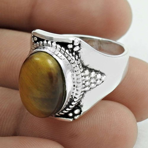 Rare 925 Sterling Silver Tiger Eye Gemstone Ring Size 9 Ethnic Jewelry E57