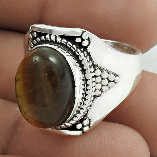 Latest Trend 925 Sterling Silver Tiger Eye Gemstone Ring Size 9 Vintage Jewelry E59