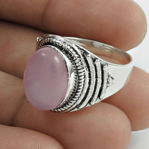 Party Wear 925 Sterling Silver Rose Quartz Gemstone Ring Size 9 Ethnic Jewelry E71