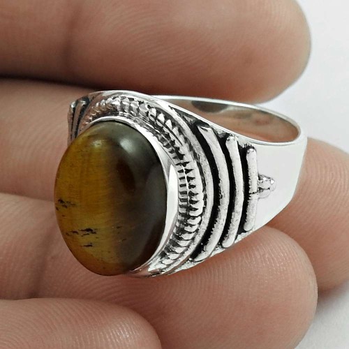Sightly 925 Sterling Silver Tiger Eye Gemstone Ring Size 9 Vintage Jewelry E86