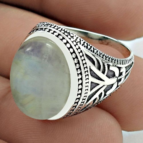 Seemly 925 Sterling Silver Rainbow Moonstone Gemstone Ring Size 8 Handmade Jewelry G54