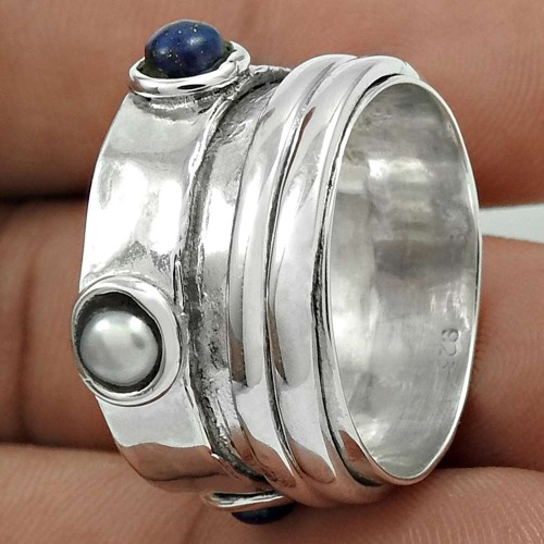 Scrumptious 925 Sterling Silver Pearl, Lapis Gemstone Spinner Ring Size 7.5 Handmade Jewelry H57