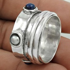 Personable 925 Sterling Silver Pearl, Lapis Gemstone Spinner Ring Size 7 Handmade Jewelry H62