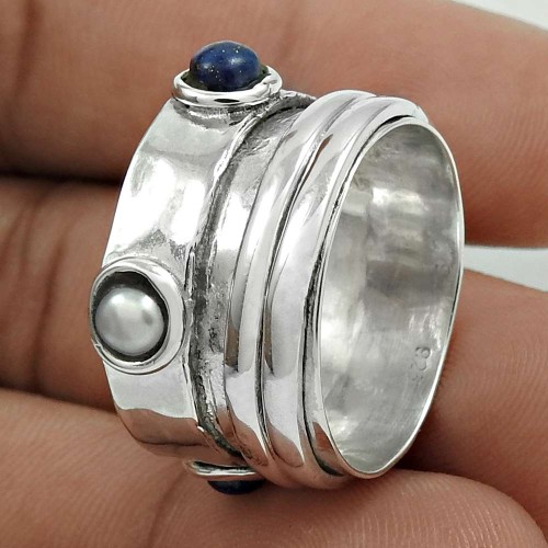 Classic 925 Sterling Silver Pearl, Lapis Gemstone Spinner Ring Size 7.5 Handmade Jewelry H63
