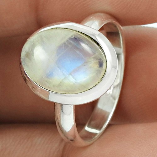 Natural RAINBOW MOONSTONE HANDMADE 925 Solid Sterling Silver Ring Size 7.5 MM65
