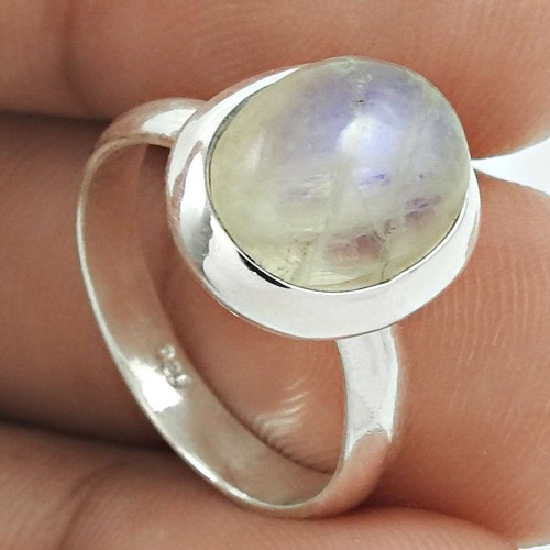 Natural RAINBOW MOONSTONE Ring Size 5.5 Solid Sterling Silver HANDMADE QQ65