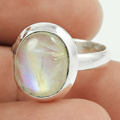Natural RAINBOW MOONSTONE HANDMADE 925 Solid Sterling Silver Ring Size 6 RR65