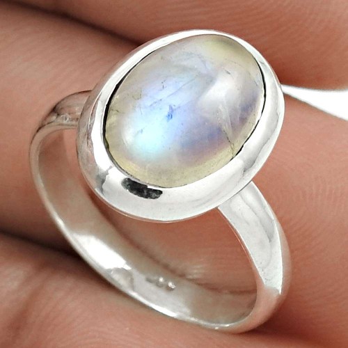 Natural RAINBOW MOONSTONE HANDMADE Solid Sterling Silver Ring Size 6 AA66