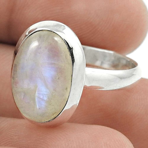 HANDMADE 925 Solid Sterling Silver Natural RAINBOW MOONSTONE Ring Size 8 FF66