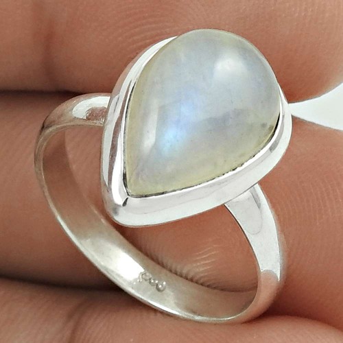 Natural RAINBOW MOONSTONE HANDMADE 925 Solid Sterling Silver Ring Size 8 II66