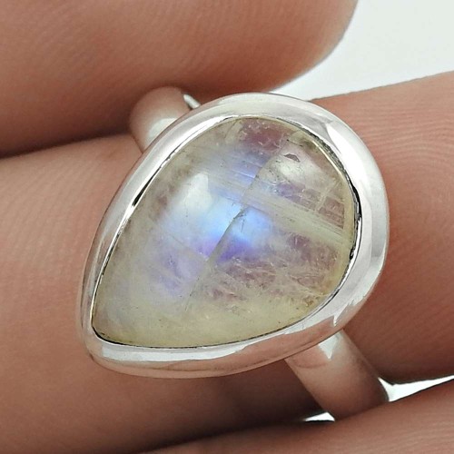 Natural RAINBOW MOONSTONE HANDMADE 925 Solid Sterling Silver Ring Size 8 OO66
