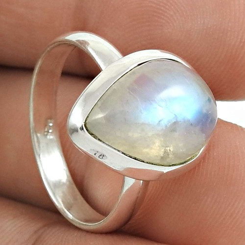 Natural RAINBOW MOONSTONE Ring Size 8 925 Solid Sterling Silver HANDMADE AA67