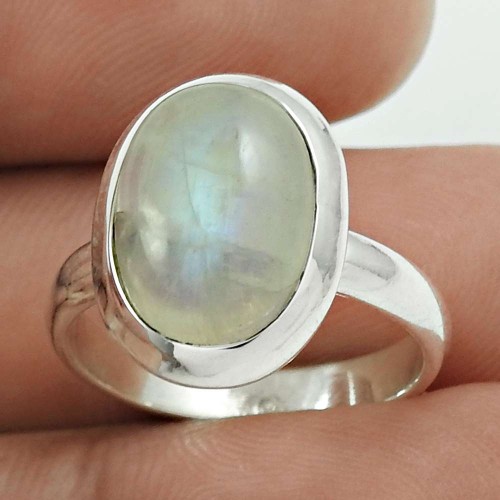 Natural RAINBOW MOONSTONE Ring Size 6 925 Solid Sterling Silver HANDMADE AA68