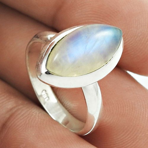 Natural RAINBOW MOONSTONE HANDMADE Solid Sterling Silver Ring Size 6 JJ68
