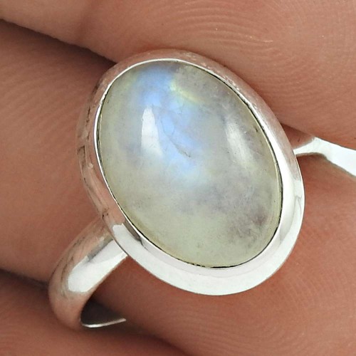 Natural RAINBOW MOONSTONE HANDMADE 925 Solid Sterling Silver Ring Size 8 QQ68