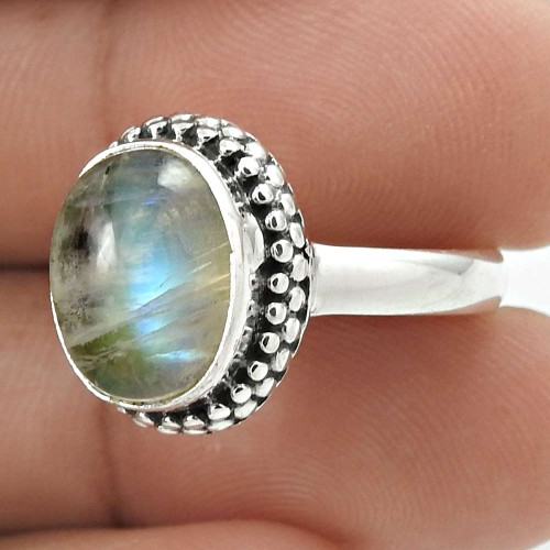 Natural RAINBOW MOONSTONE Ring Size 7.5 925 Solid Sterling Silver HANDMADE EE69