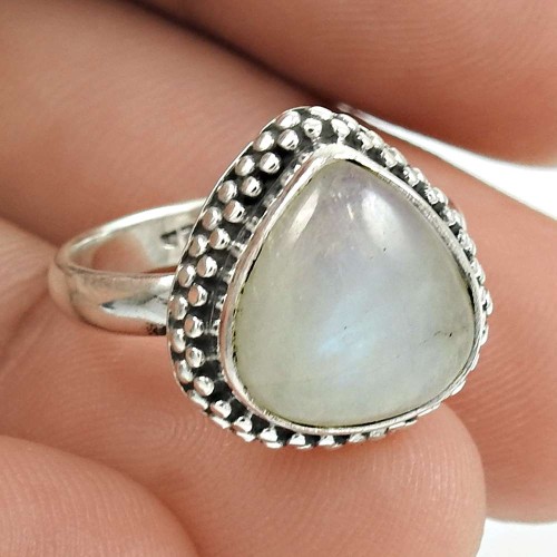 Natural RAINBOW MOONSTONE HANDMADE 925 Solid Sterling Silver Ring Size 7 FF69