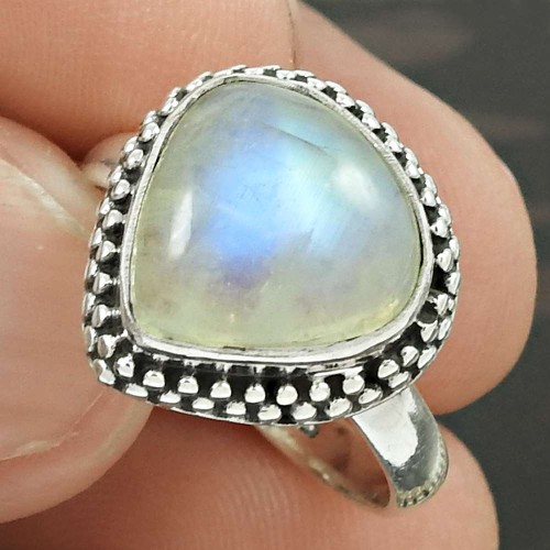 HANDMADE 925 Solid Sterling Silver Natural RAINBOW MOONSTONE Ring Size 7 HH69