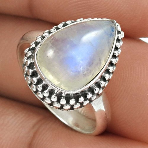 Natural RAINBOW MOONSTONE HANDMADE Solid Sterling Silver Ring Size 6 II69