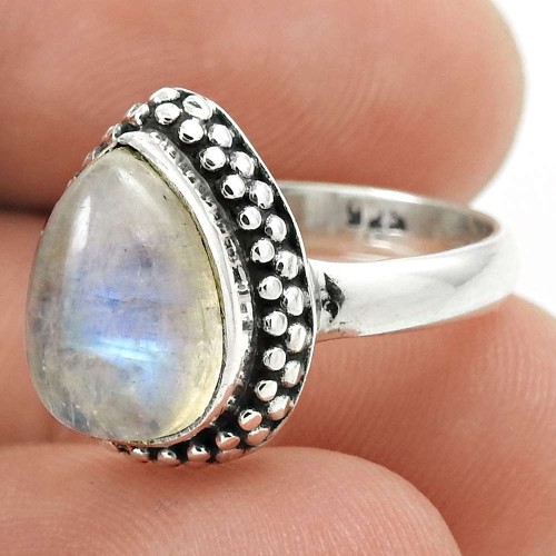 Natural RAINBOW MOONSTONE HANDMADE Solid Sterling Silver Ring Size 6 MM69