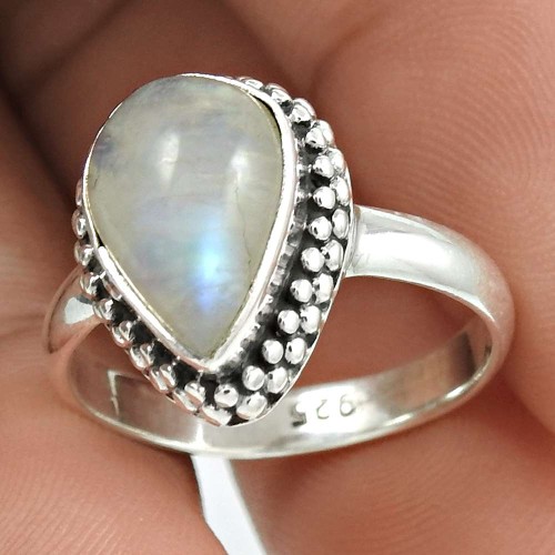 HANDMADE 925 Solid Sterling Silver Natural RAINBOW MOONSTONE Ring Size 6.5 SS69