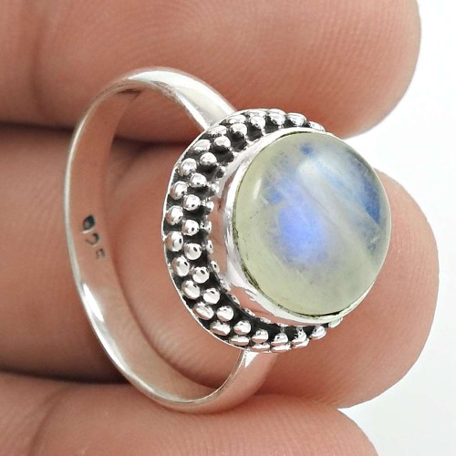 Natural RAINBOW MOONSTONE Ring Size 8 925 Solid Sterling Silver HANDMADE CC70
