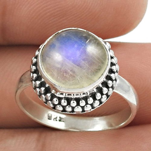 Natural RAINBOW MOONSTONE Ring Size 7 925 Solid Sterling Silver HANDMADE EE70