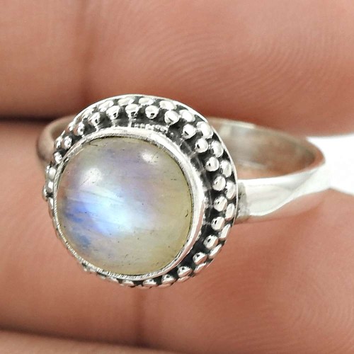 HANDMADE 925 Solid Sterling Silver Natural RAINBOW MOONSTONE Ring Size 7.5 GG70