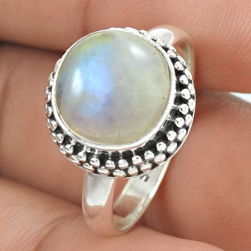 Natural RAINBOW MOONSTONE Ring Size 7.5 925 Solid Sterling Silver HANDMADE HH70