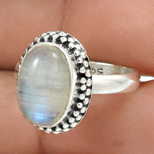 Natural RAINBOW MOONSTONE Ring Size 6.5 925 Solid Sterling Silver HANDMADE LL70